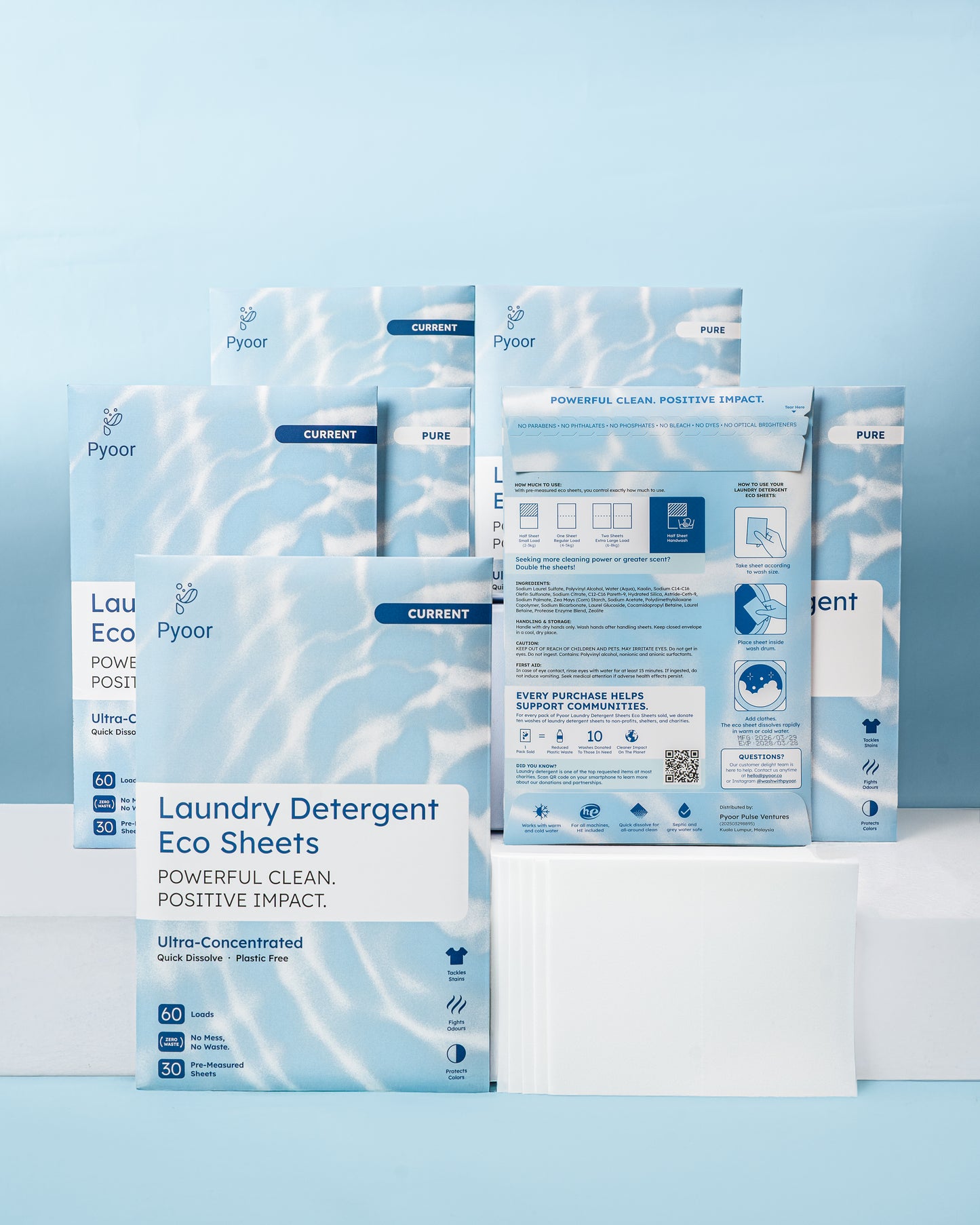 Pyoor Family Bundle of six laundry detergent eco sheet packs, mix and match